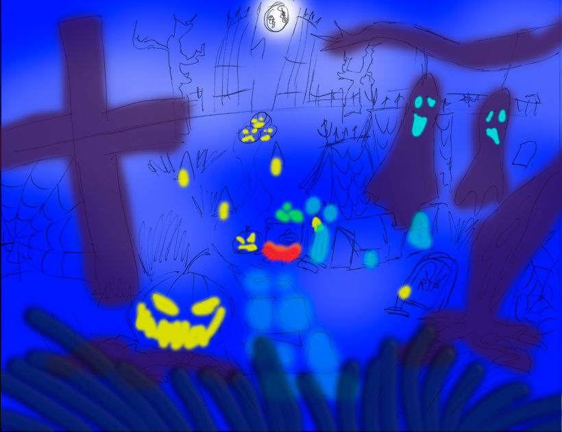 Este es mi boceto a lapiz de las escena "Halloween" con retoques de color en photoshop