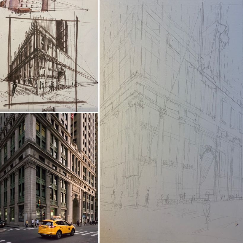 Thumbnail sketch, inspiration photograph (photo: Harbour City Imagery), pencil sketch
