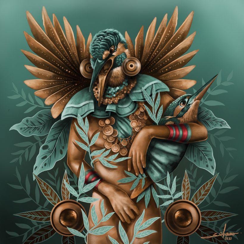 “MADRE” ilustración digital inspirada en el Martin pescador, un ave presente en la cosmivision del mundo amazónico peruano.