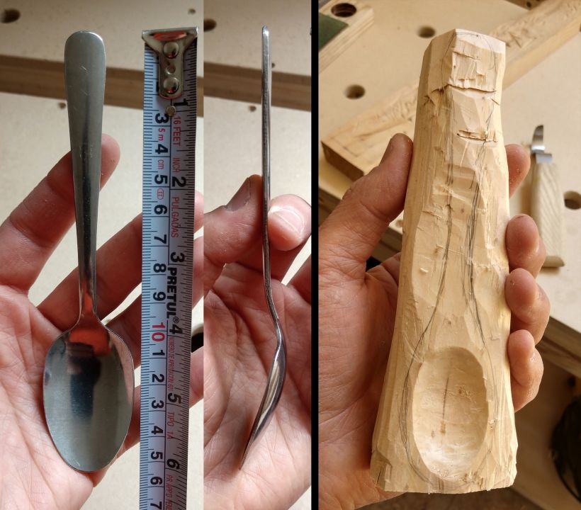 1. Estudio de las dimensiones de una cuchara cafetera y trazo de silueta en un trozo de madera recuperada.