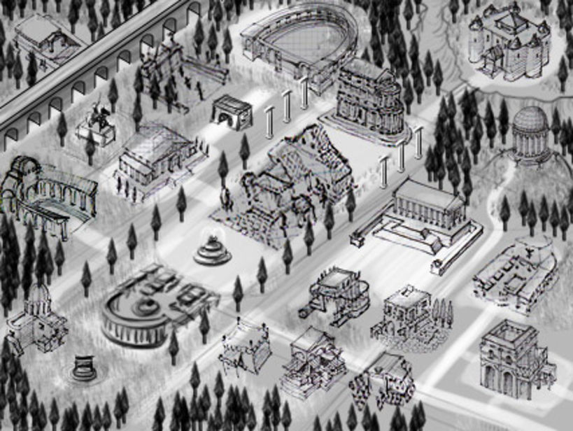 Boceto preparatorio para la distribución de edificios en el juego.
