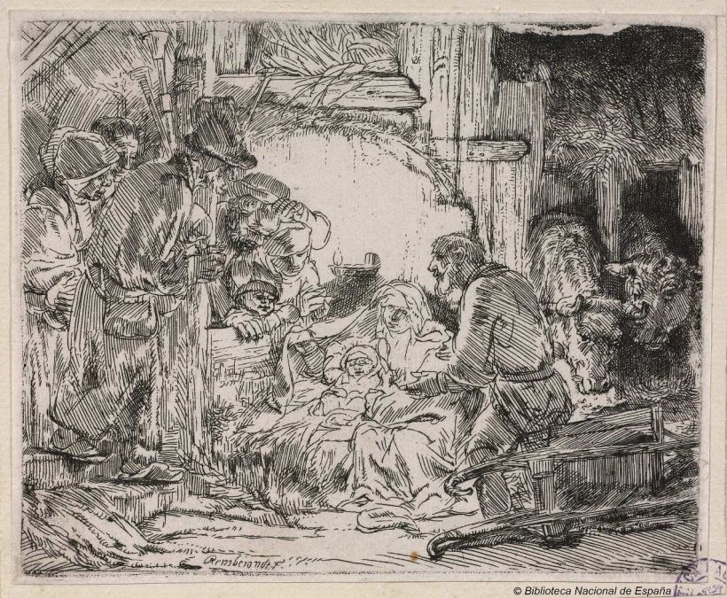 La adoración de los pastores con el candil, Rembrandt (1654)