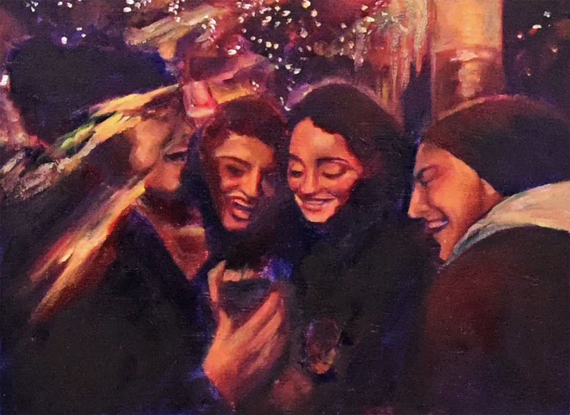A Painting of a Picture of Us Laughing At a Picture Of Us Just Taken, Oil on Masonite, 6" x 8"