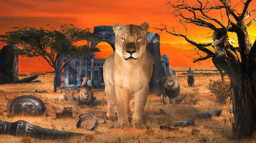 Arte inspirada no filme Lion King, da Disney. Há vários elementos do filme na cena. Aqui porém, a rainha da selva é a leoa