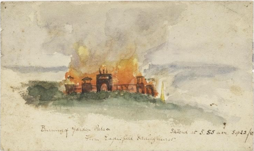 “Incendio en el jardín”. Autor desconocido (1882). Material del archivo de Watercolour World.