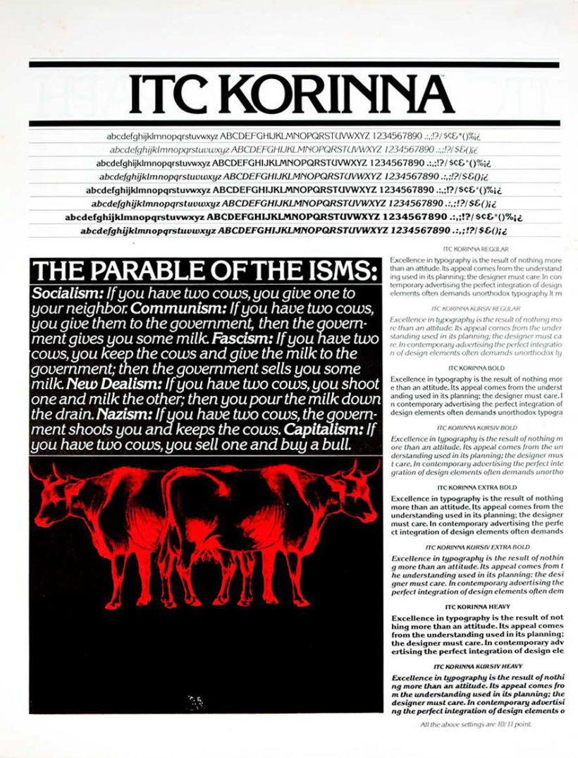 Ed Benguiat. Espécimen de ITC Korinna (ca. 1975). Cary Graphic Arts Collection.