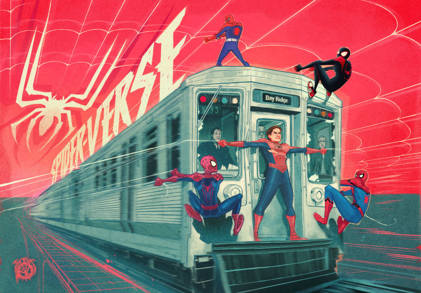 Ilustração do 'Spider-Verse', reunindo as versões icônicas do Homem-Aranha, criada por Thobias Daneluz
