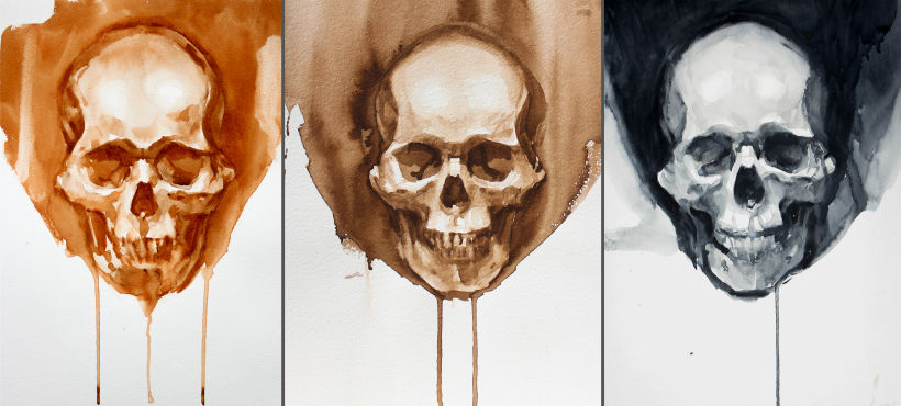 Different skulls in monochrome. Watercolor on paper. 