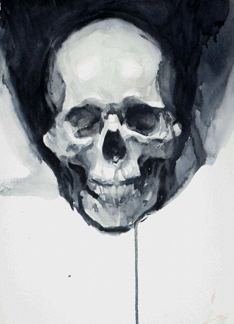 Skull. Watercolor on paper using pigment Payne's Grey from Winsor & Newton.