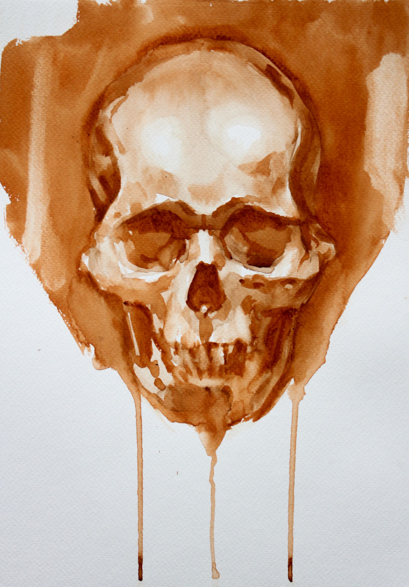 Skull. Watercolor on paper using Burnt Sienna pigment.