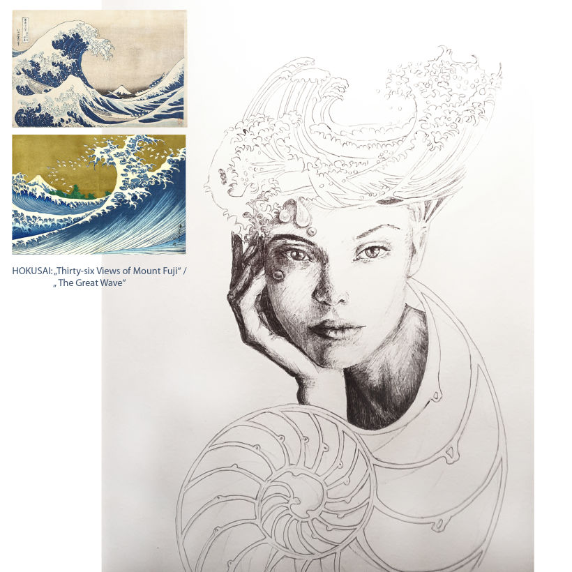 I don't know the model. Her hair is transformed to some waves of Hokusai und her body to a Nautilus.