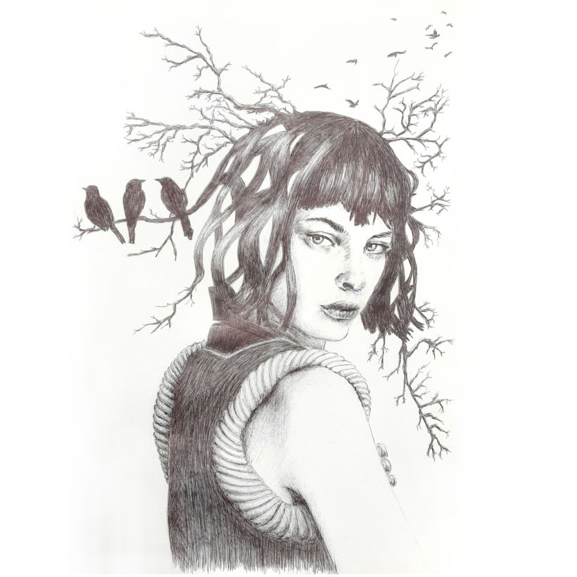 Vittoria Ceretti by Fanny Lazour-Lambert. I turned her hair into branches and let some birds visit the tree