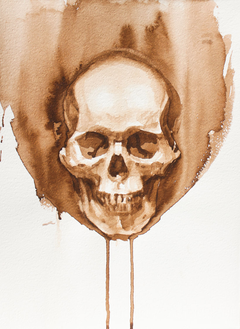Skull. Watercolor on paper using Van Dyke Brown pigment.