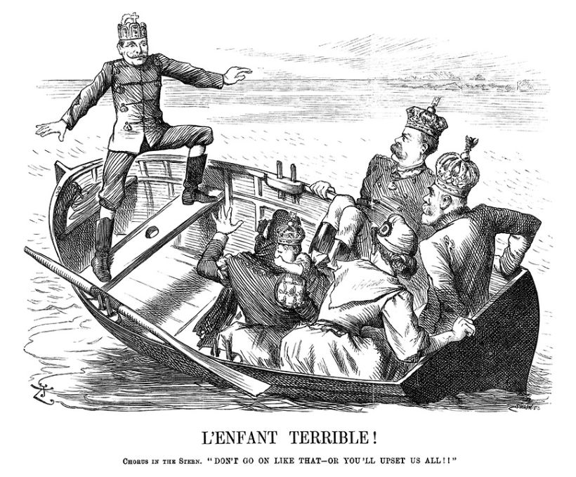 This illustration, L'enfant terrible (1890), is a critique of the European monarchy. John Tenniel created this for Punch maga