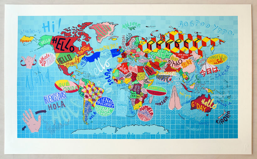 Hello Around the World, 10 Colour Screenprint with a Varnish Overlay on Somerset Tub Sized 410gsm Paper. 102cm x 61.00cm