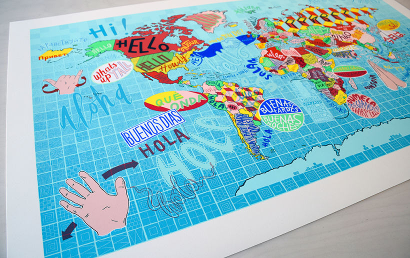 Hello Around the World, 10 Colour Screenprint with a Varnish Overlay on Somerset Tub Sized 410gsm Paper. 102cm x 61.00cm