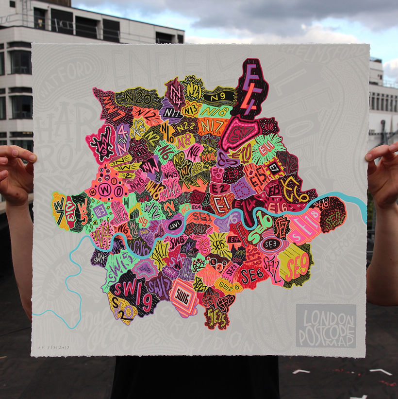 London Postcode Map, 11 Colour Screenprint with Varnish Overlay on Somerset Tub Sized 410gsm Paper, 52.5 cm x 56 cm