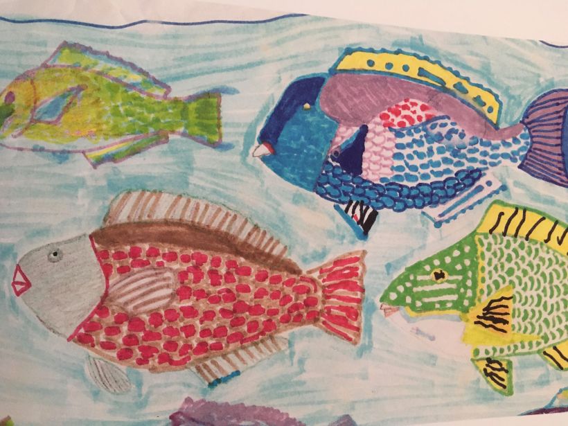 Fish drawn for my son Nick and coloured in by us both. 1993 -1
