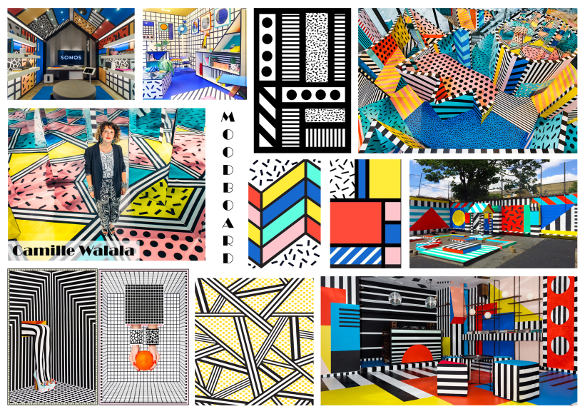 El moodboard de este proyecto que representa los diferentes obras de trabajo y diseños de Camille Walala, incluso a ella.