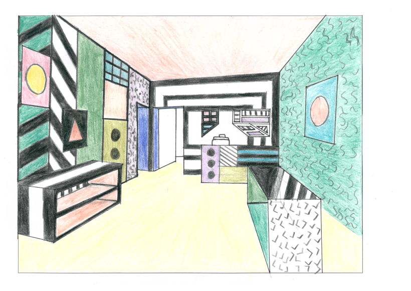 Sketch inicial para el diseño del espacio de la tiendita de mercaderia de la artista Camille Walala