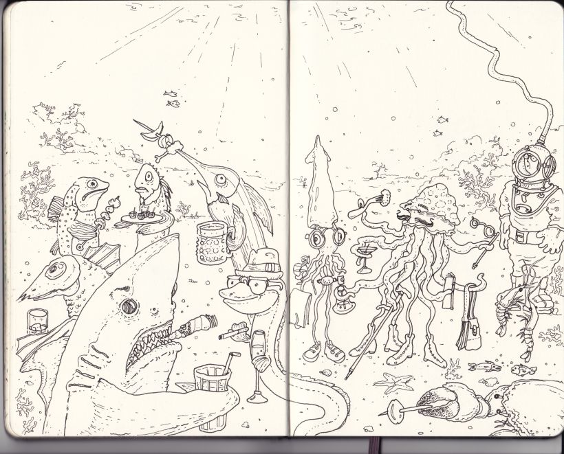 Ideas extra para dibujar de Mattias Adolfsson: ‘vida submarina‘ y ‘una medusa amable'.