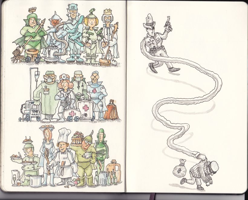 Ideas extra para dibujar de Mattias Adolfsson: ‘superhéroes‘ y 'el largo brazo de la ley'.