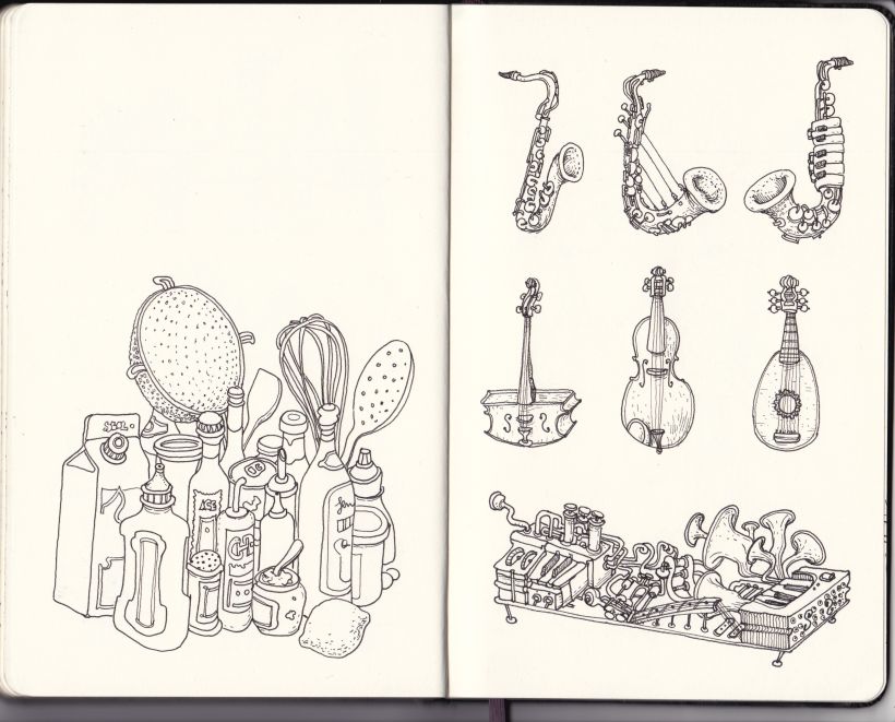 Ideas extra para dibujar de Mattias Adolfsson: ‘un bodegón‘ y 'unos instrumentos musicales'.