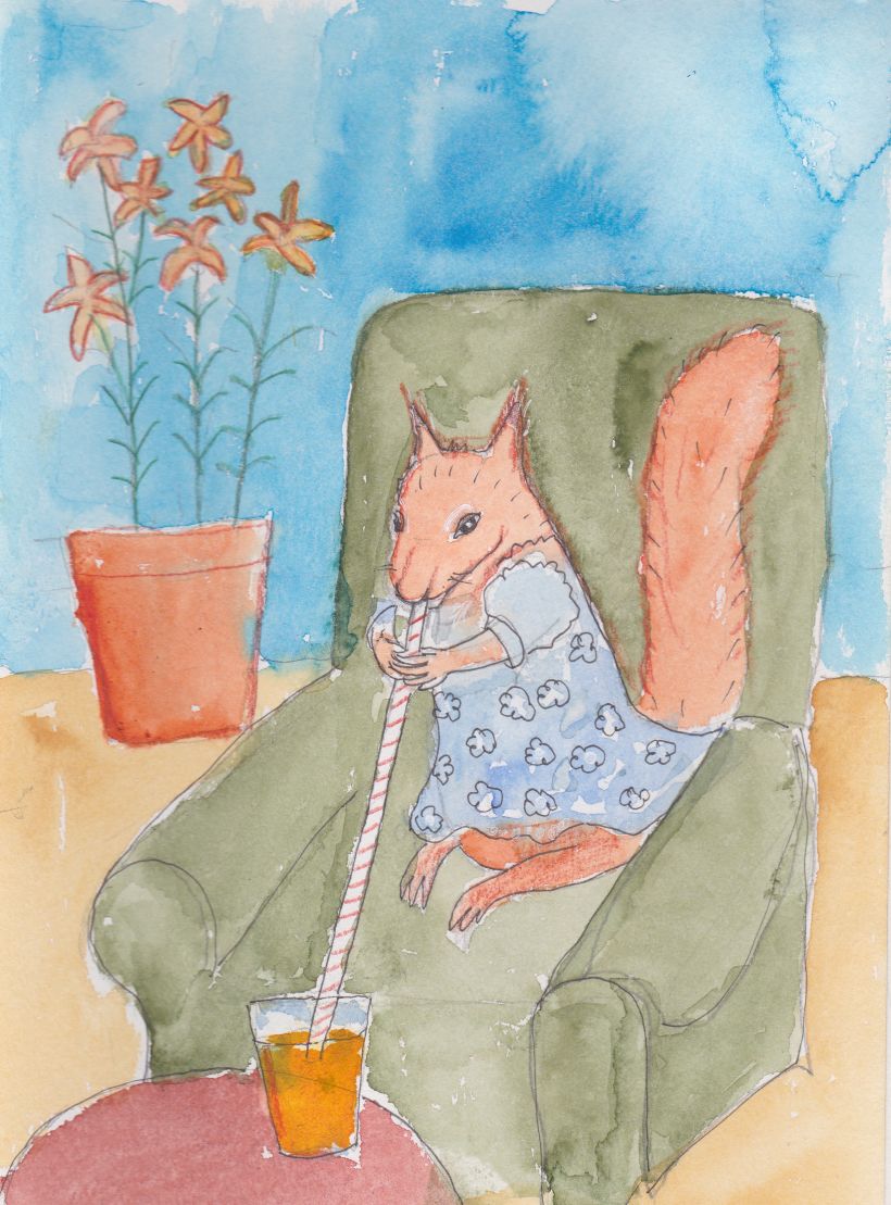 Eichhörnchen Sessel Orangensaft Kleid blau Lilie
