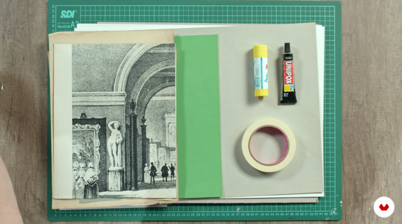 Las barras de pegamento, el pegamento universal y la cinta de papel son elementos esenciales para el collage.