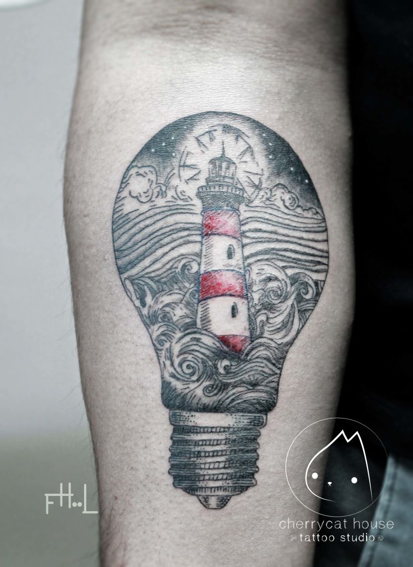 lighthouse tattoo realism black and white color tattoo