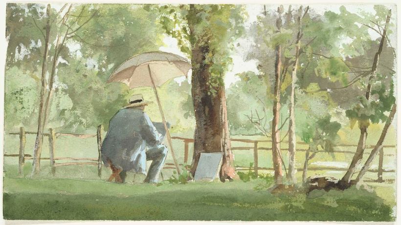Artista dibujando en el parque. Por James Wells Champney (1880). Archivo: Watercolour World.