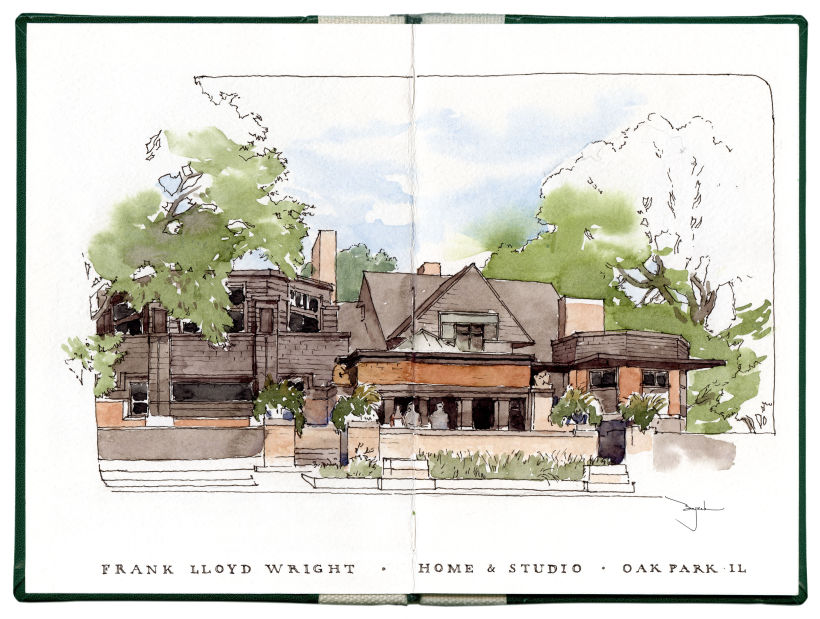 Frank Lloyd Wright Home and Studio / Aquarela em sketchbook, feito no próprio local