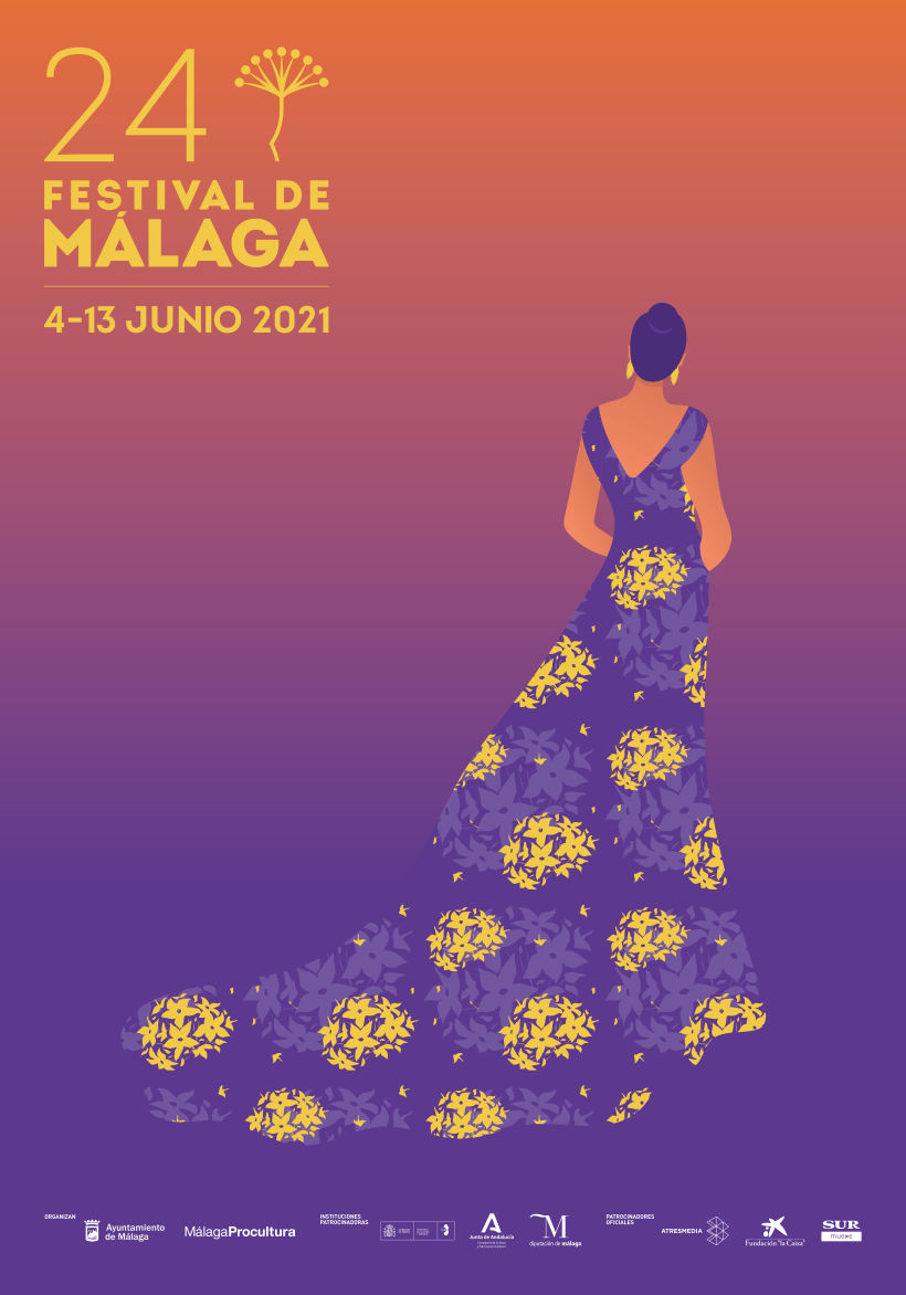 Propuesta para el festival de cine de Málaga 2021, diseño vectorial minimalista con un vestido con estampado de biznagas.