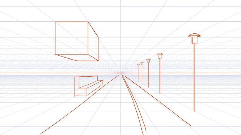 Architectural perspective drawing using one vanishing point.