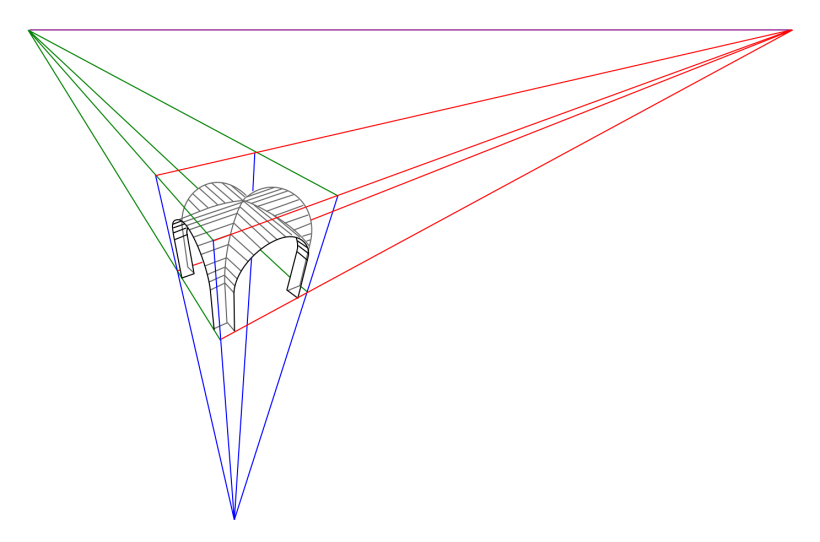 Example of a perspective drawing using three vanishing points.