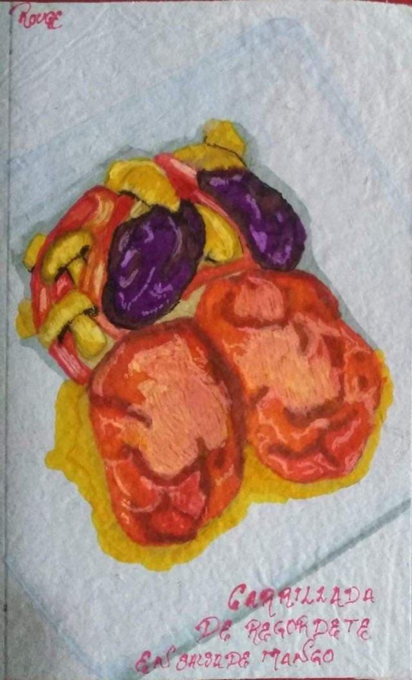 Carrillada de regordete en salsa de mango. Ilustración. Plumones copic/ papel reciclado hecho a mano.  Denni Rouge 2020