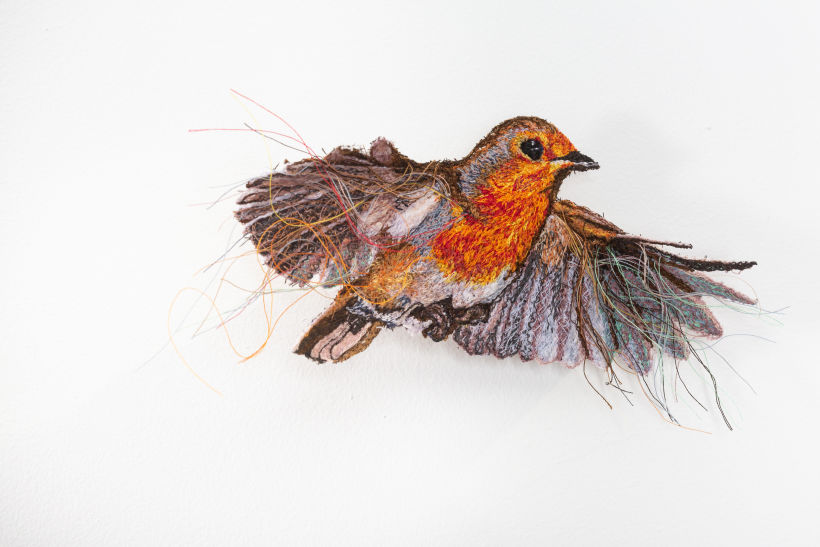 'Take Wing - Robin in Flight' - Embroidery - Part of larger installation for the Showcase Winners exhibition at the LCB Depot