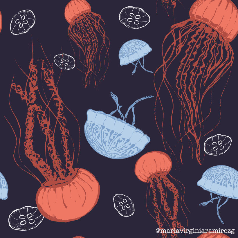 Pattern 2: Jelly Fish. Técnica mixta: dibujo en tinta negra sobre papel de acuarela y Color en Affinity photo.