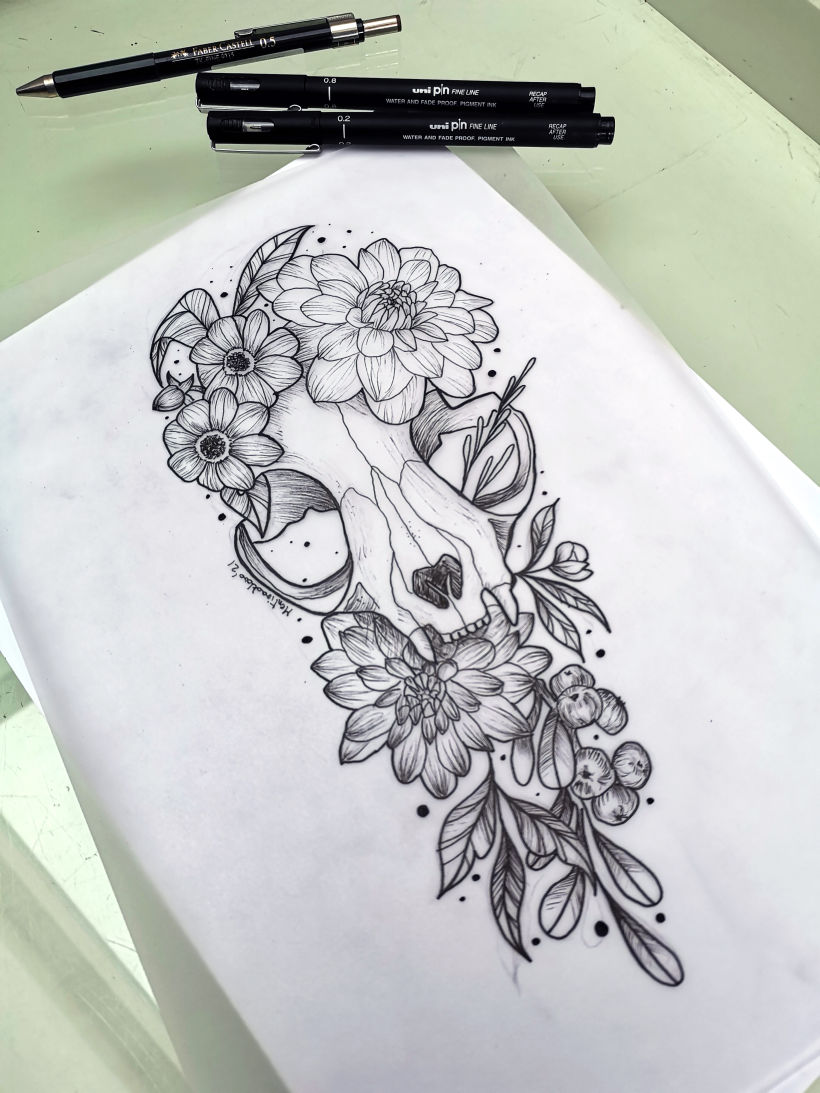 Botanical tattoo with pointillism tattoo design 24