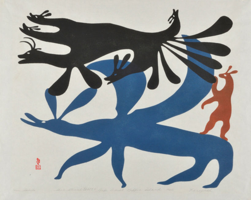 Kenojuak Ashevak, 'Espíritos de Lebres', 1960. Estêncil de pele de foca. Cortesia de Dorset Fine Arts