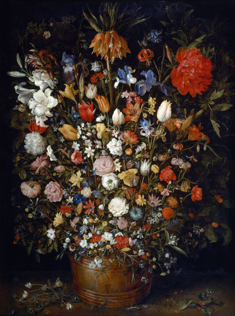 "Flores en un recipiente de madera" Jan Brueghel (1606-1607)