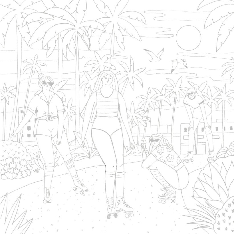Boceto final. El tema trataba de chicas patinando en Venice Beach, con un aire retro, inspirado en los años 70
