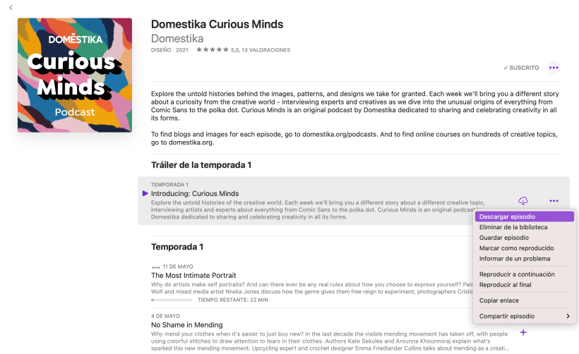 Opción de descarga del podcast de Domestika, Curious Mind.
