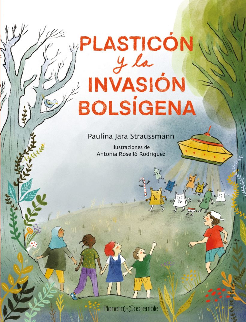 Portada de libro infantil Plastición y la invasión Bolsígena, Editorial Planeta Sostenible, 2020.