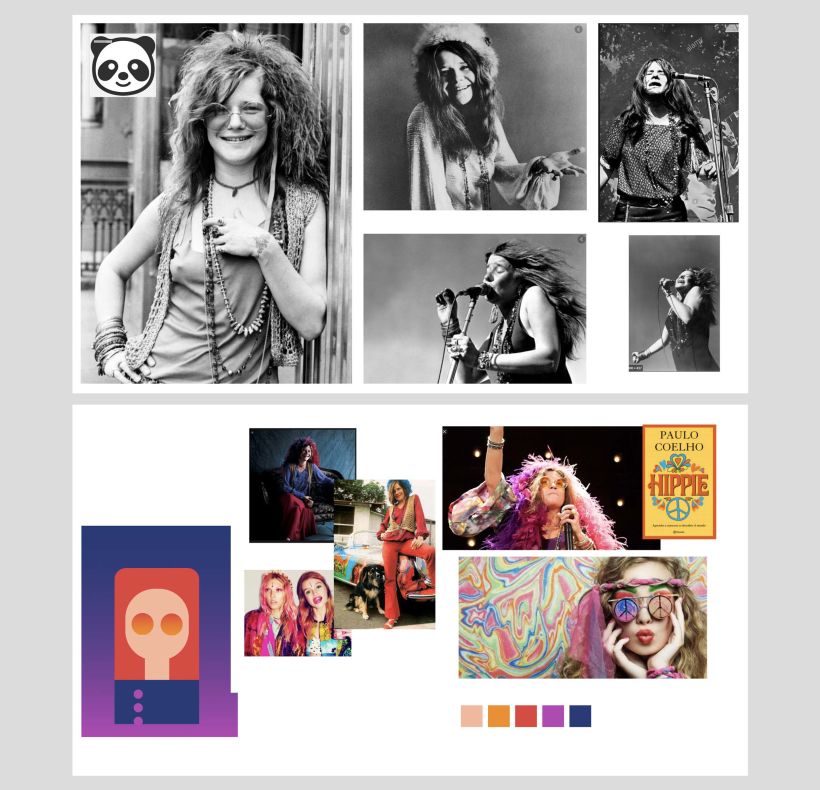 Referencias de mi personaje Janis Joplin y Mood board del proyecto