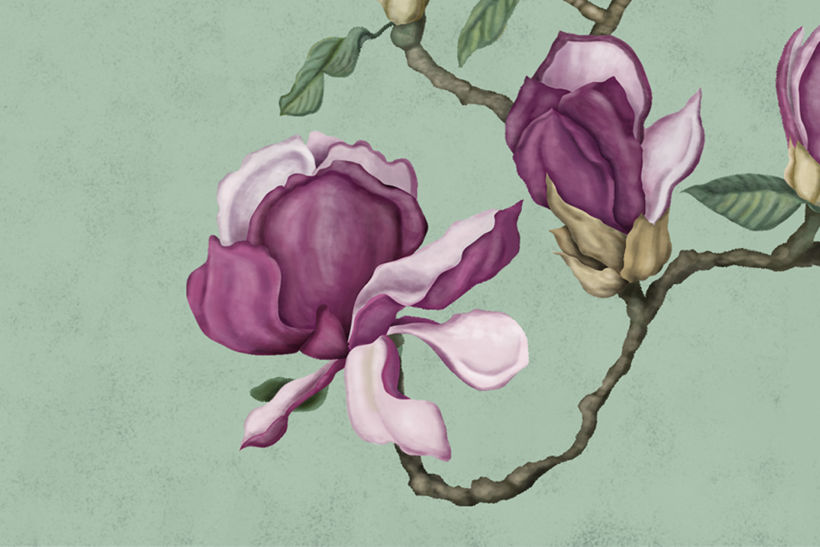 Detalle de ilustración digital botánica en color púrpura y verde menta