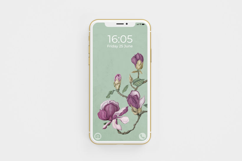 Fondo de pantalla para móvil iPhone con ilustración botánica en tonos púrpura y verde menta