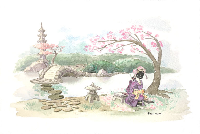 Acuarela inspirada en los jardines japoneses, retocada con Photoshop para corrección de color