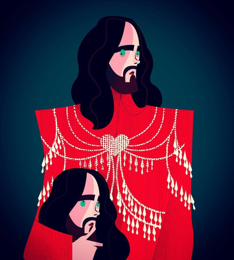 In this illustration, Domestika teacher Jorge Arévalo portrays actor and musician Jared Leto at the 2019 Met Gala.