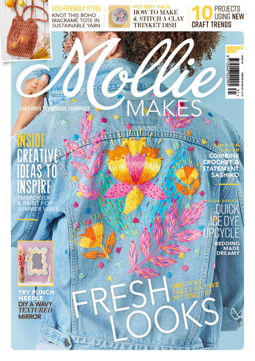  Embroidered painting on a denim jacket for the cover of Mollie Makes magazine 1